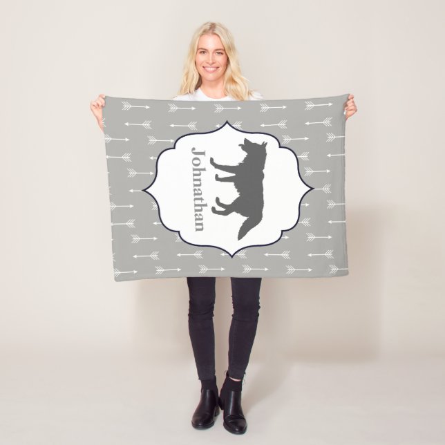 Modern Rustic Gray Wolf Silhouette & Arrows Fleece Blanket (In Situ)
