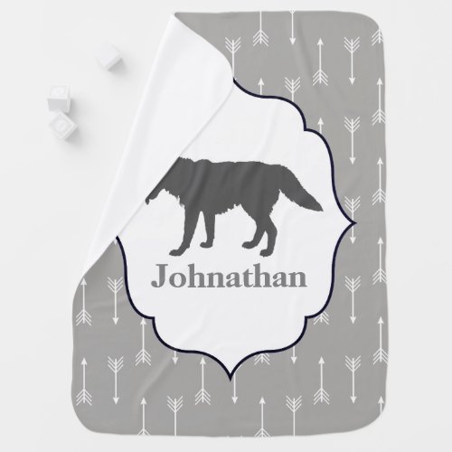 Modern Rustic Gray Wolf  White Arrows Babys Name Baby Blanket