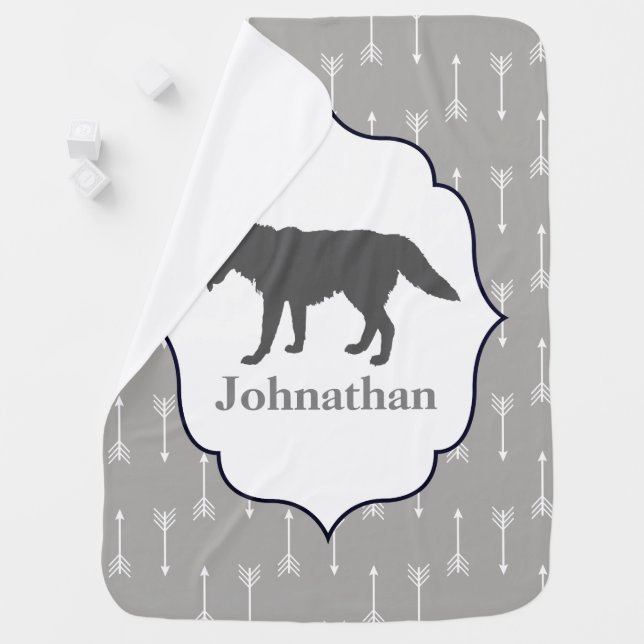 Modern Rustic Gray Wolf & White Arrows Baby's Name Baby Blanket (In Situ)