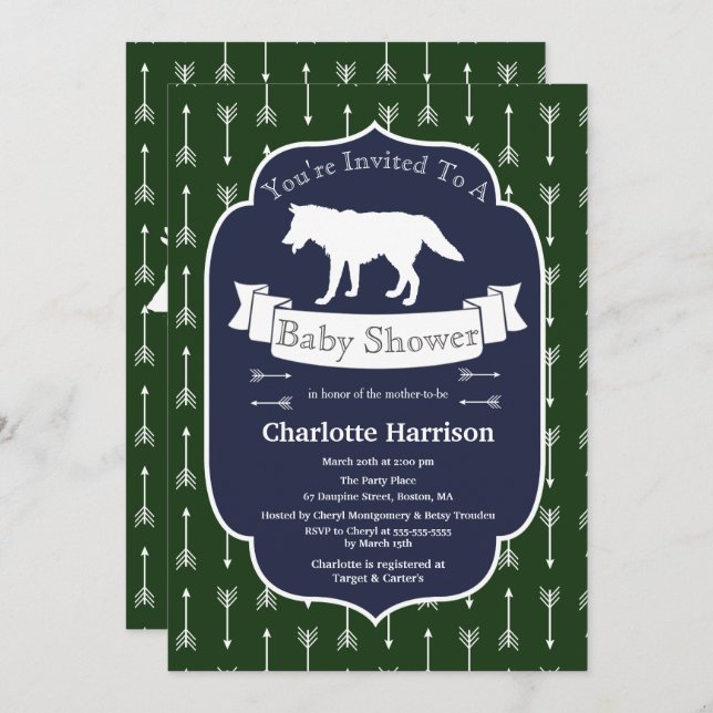 Modern Rustic Green & Blue Wolf Arrows Baby Shower Invitation (Front/Back)