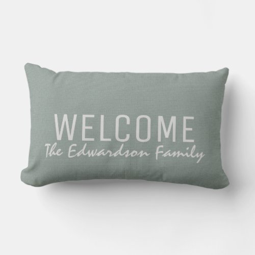 Modern rustic green burlap Welcome Family monogram Lumbar Pillow