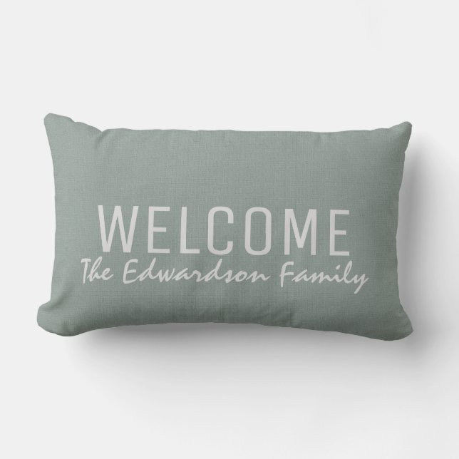 Modern rustic green burlap Welcome Family monogram Lumbar Pillow (Front)