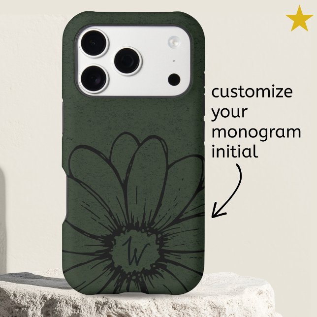 Modern Rustic Green Daisy Flower Drawing Monogram  Case-Mate iPhone Case (Creator Uploaded)