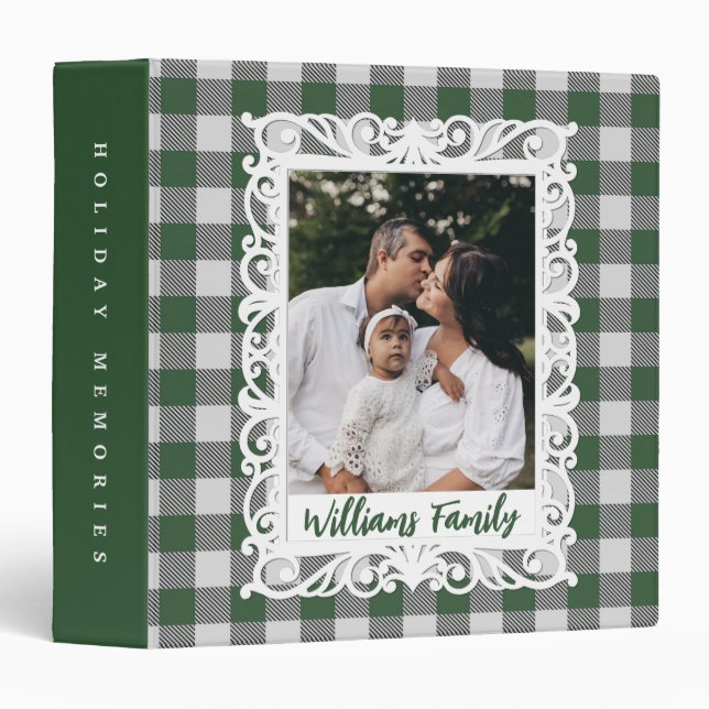 Modern Rustic Green Plaid Photo Holiday Memories 3 Ring Binder (Front/Spine)