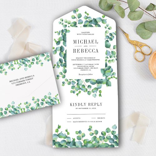 Modern Rustic Greenery Eucalyptus Leaves Wedding All In One Invitation