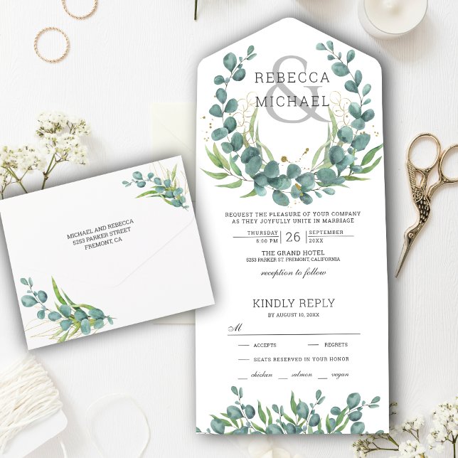 Modern Rustic Greenery Eucalyptus Wreath Wedding All In One Invitation (Creator Uploaded)