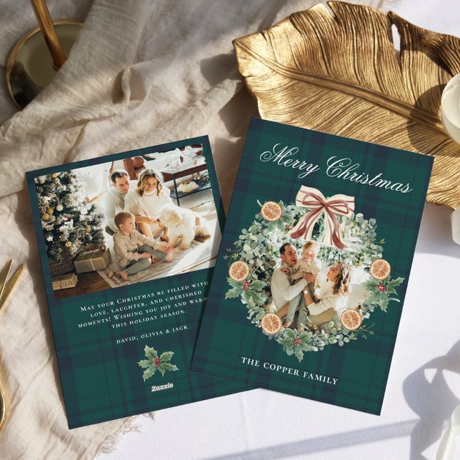 Modern Rustic Greenery Wreath Photo Christmas Card (Creator Uploaded)