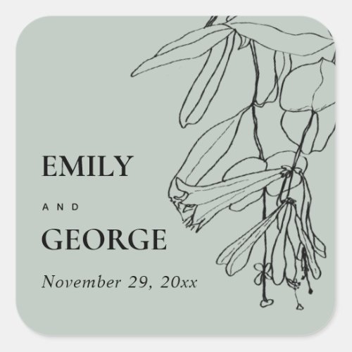 MODERN RUSTIC GREY LINE DRAWING FLORAL WEDDING SQUARE STICKER