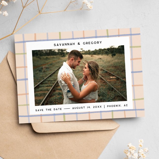 Modern Rustic Hand Drawn Photo Save the Date (modern save the date with picnic blanket design)