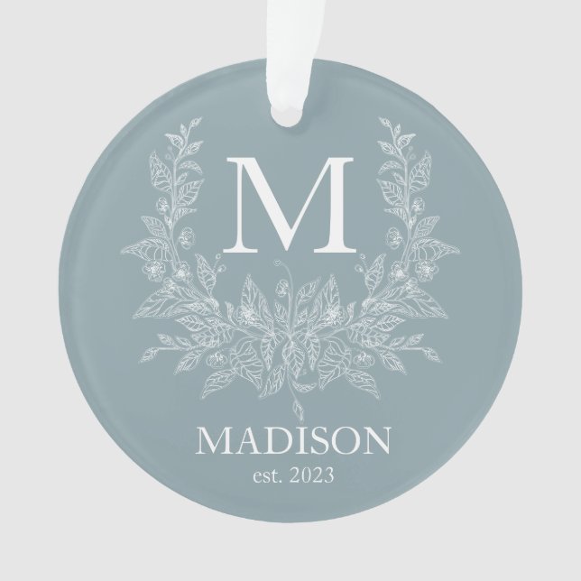 Modern Rustic holiday monogram Cadet Grey Ornament (Front)