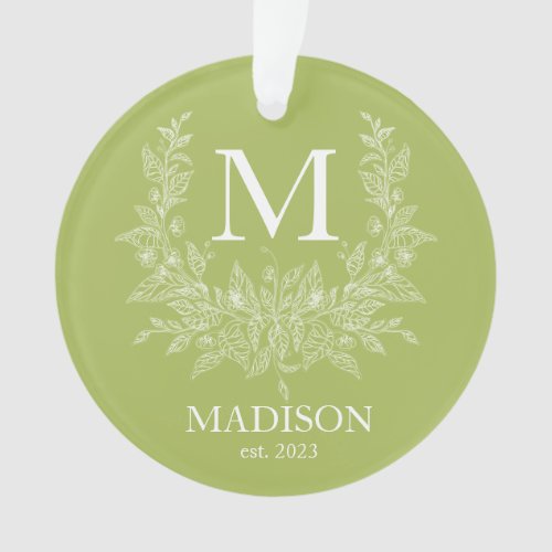 Modern Rustic holiday monogram Middle Green Yellow Ornament