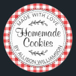 Modern Rustic Homemade Cookies Red Check Classic Round Sticker<br><div class="desc">Rustic, modern and simple homemade baked goods apple pie sticker with the text made with love, homemade cookies and your name in elegant handwritten script calligraphy and typography on a red check pattern background with a stylish touch of foliage. Simply add your name and the product name to the label....</div>