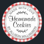 Modern Rustic Homemade Cookies Red Check Classic Round Sticker<br><div class="desc">Rustic, modern and simple homemade baked goods apple pie sticker with the text made with love, homemade cookies and your name in elegant handwritten script calligraphy and typography on a red check pattern background with a stylish touch of foliage. Simply add your name and the product name to the label....</div>