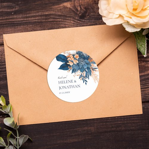 Modern Rustic Indigo Elegant Wedding Thank You Classic Round Sticker