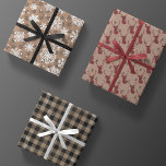 Modern Rustic Kraft Black White Red Christmas Gift Wrapping Paper Sheets<br><div class="desc">each of these 3 sheets of holiday gift wrap feature a different faux brown organic kraft paper texture print background,  one with stick figure pine trees and red & black buffalo plaid reindeer silhouettes,  one with black and white snowflakes,  and one with a black and natural plaid check pattern.</div>