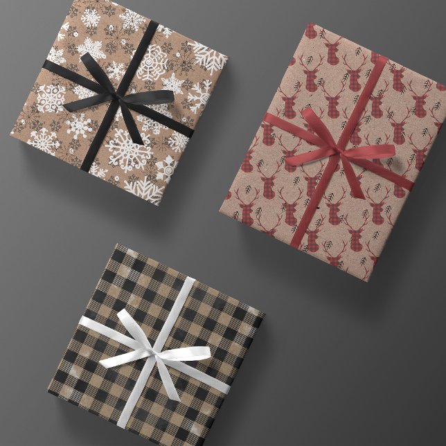 Modern Rustic Kraft Black White Red Christmas Gift Wrapping Paper Sheets (Creator Uploaded)