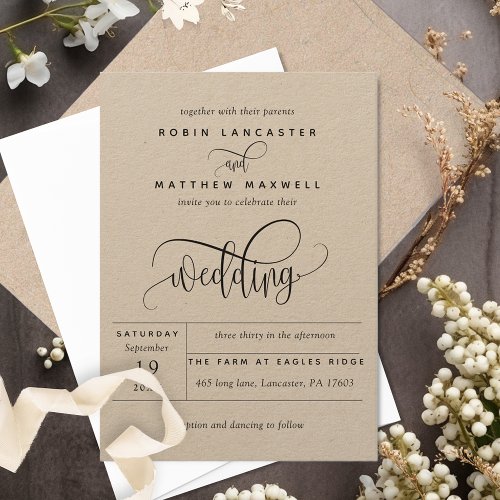 Modern Rustic Kraft Elegant Modern Script Wedding Invitation