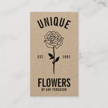 Modern Rustic Kraft Trendy Black White Rose Flower Business Card by moodii at Zazzle