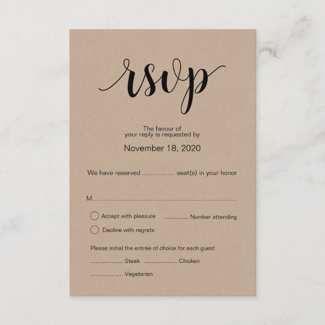 Modern Rustic Kraft wedding rsvp reply card (Front)