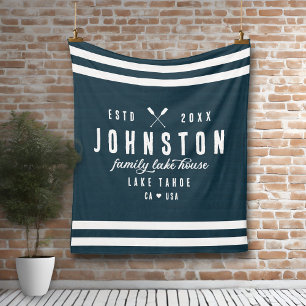 Modern Rustic Lake House Navy White Fleece Blanket