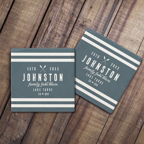 Modern Rustic Lake House  Navy White Stone Coaster