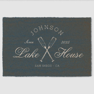 Modern Rustic Lake House Oars Coastal Navy Blue  Fiber Doormat