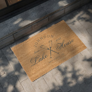 Modern Rustic Lake House Oars Coastal Navy Blue  Fiber Doormat