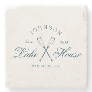 Modern Rustic Lake House Oars Coastal Navy Blue  Stone Coaster