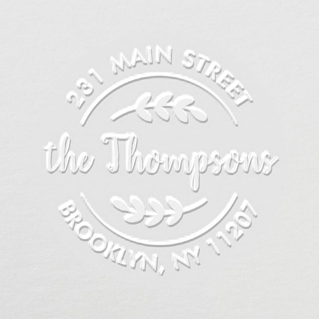 Modern Rustic Leaves Family Script Name Address Embosser (Design)