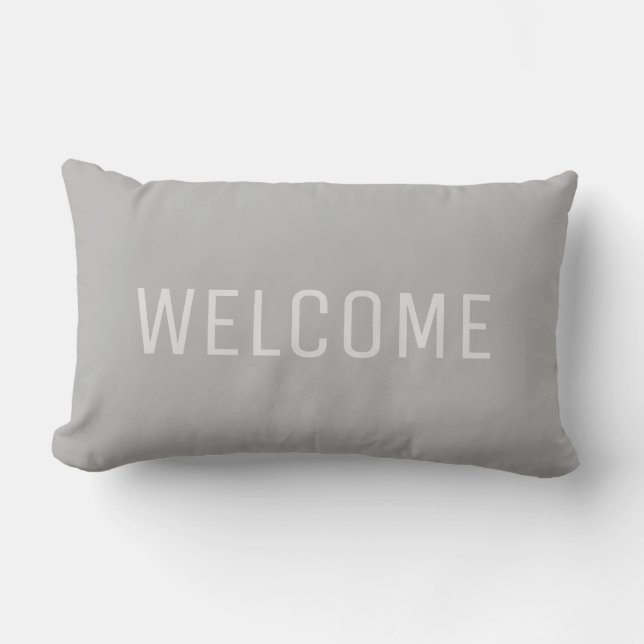 Modern rustic Light Gray Welcome Lumbar Pillow (Front)
