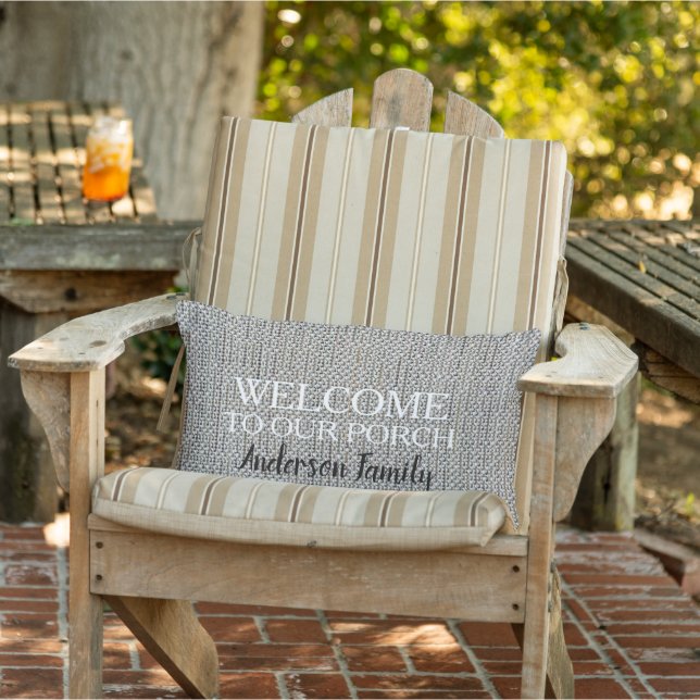 Modern rustic linen Welcome to Porch family name Lumbar Pillow (Chair)