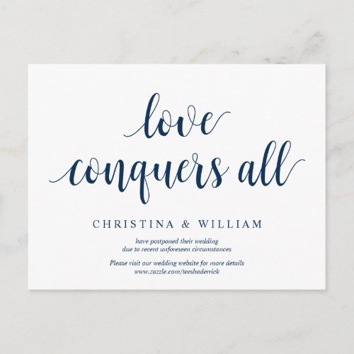 Modern rustic Love conquers all wed postponed Postcard