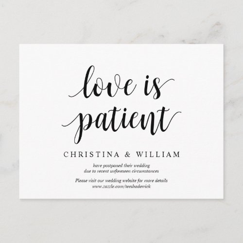 Modern rustic love is patient wed postponed postcard