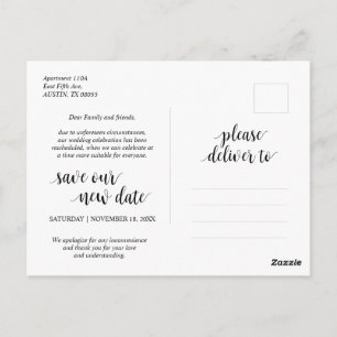 Modern rustic, love is patient, wed postponed postcard