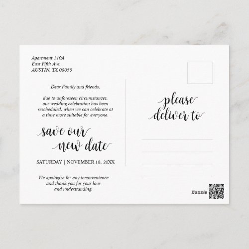 Modern rustic love is patient wed postponed postcard