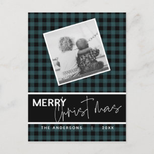 Modern Rustic Merry Christmas Plaid Photo Postcard