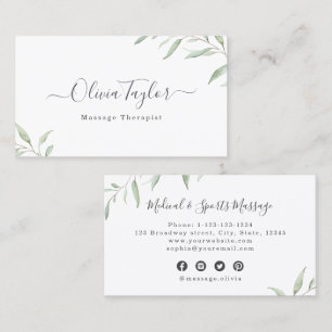 Modern Rustic Minimal Greenery Massage Therapist Business Card