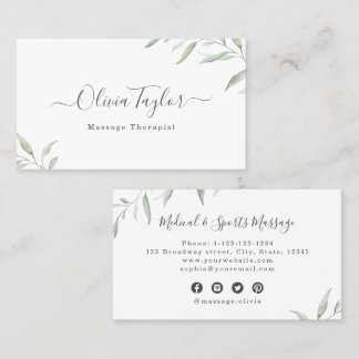 Modern Rustic Minimal Greenery Massage Therapist Business Card