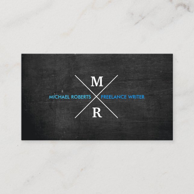 MODERN RUSTIC MONOGRAM Blue Text & Black Wood Business Card (Front)