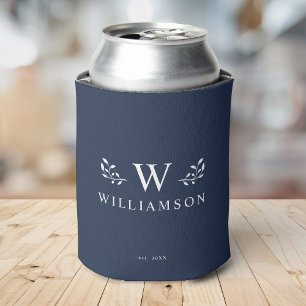 Modern Rustic Monogram Custom Family Name Blue Can Cooler