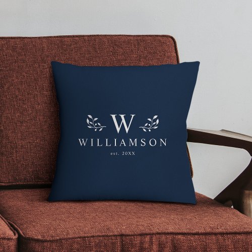 Modern Rustic Monogram Custom Family Name Blue Throw Pillow