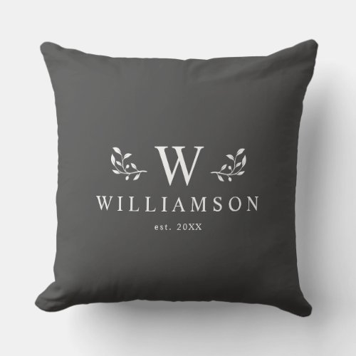 Modern Rustic Monogram Custom Family Name Charcoal Throw Pillow