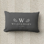 Modern Rustic Monogram Custom Family Name Grey Lumbar Pillow<br><div class="desc">Modern rustic monogram custom name newlywed lumbar pillow with your family name and initial as well we year established surrounded by whimsical branch illustrations. Minimalist,  simple,  and stylish,  this charcoal grey family pillow is a perfect cozy wedding gift!</div>