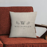 Modern Rustic Monogram Custom Family Name Linen Throw Pillow<br><div class="desc">Cuddle up in style! Our modern rustic monogram pillow, custom family charm on printed linen. Cozy comfort, personalized for your nest. 🏡💙 #HomeDecor #MonogramMagic Modern rustic monogram custom name newlywed throw pillow with your family name and initial as well we year established surrounded by whimsical branch illustrations. Minimalist, simple, and...</div>
