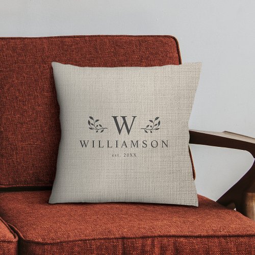 Modern Rustic Monogram Custom Family Name Linen Throw Pillow