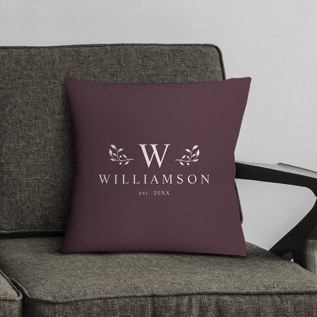Modern Rustic Monogram Custom Family Name Maroon Throw Pillow (Creator Uploaded)