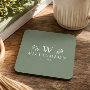 Modern Rustic Monogram Custom Family Name Sage Beverage Coaster