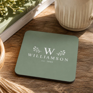 Modern Rustic Monogram Custom Family Name Sage Beverage Coaster
