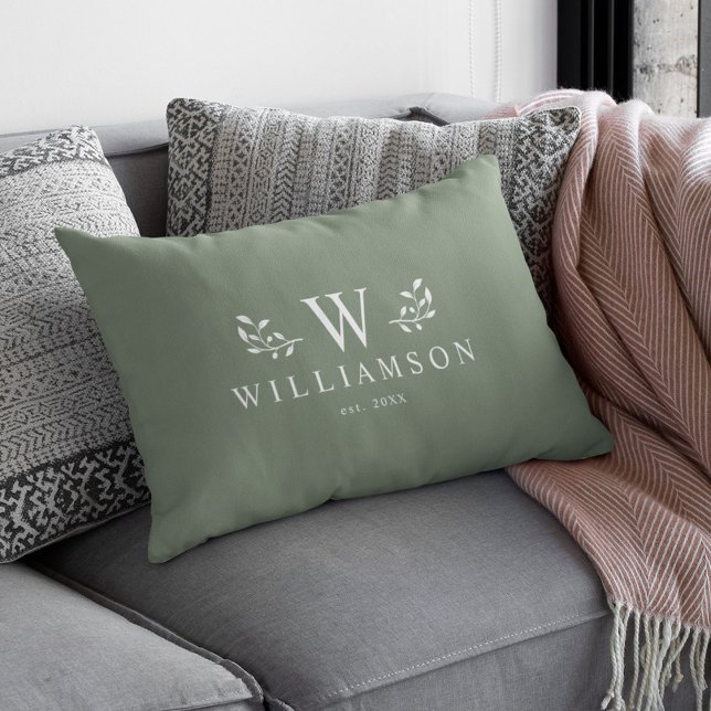 Modern Rustic Monogram Custom Family Name Sage Lumbar Pillow (Creator Uploaded)