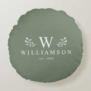 Modern Rustic Monogram Custom Family Name Sage Round Pillow